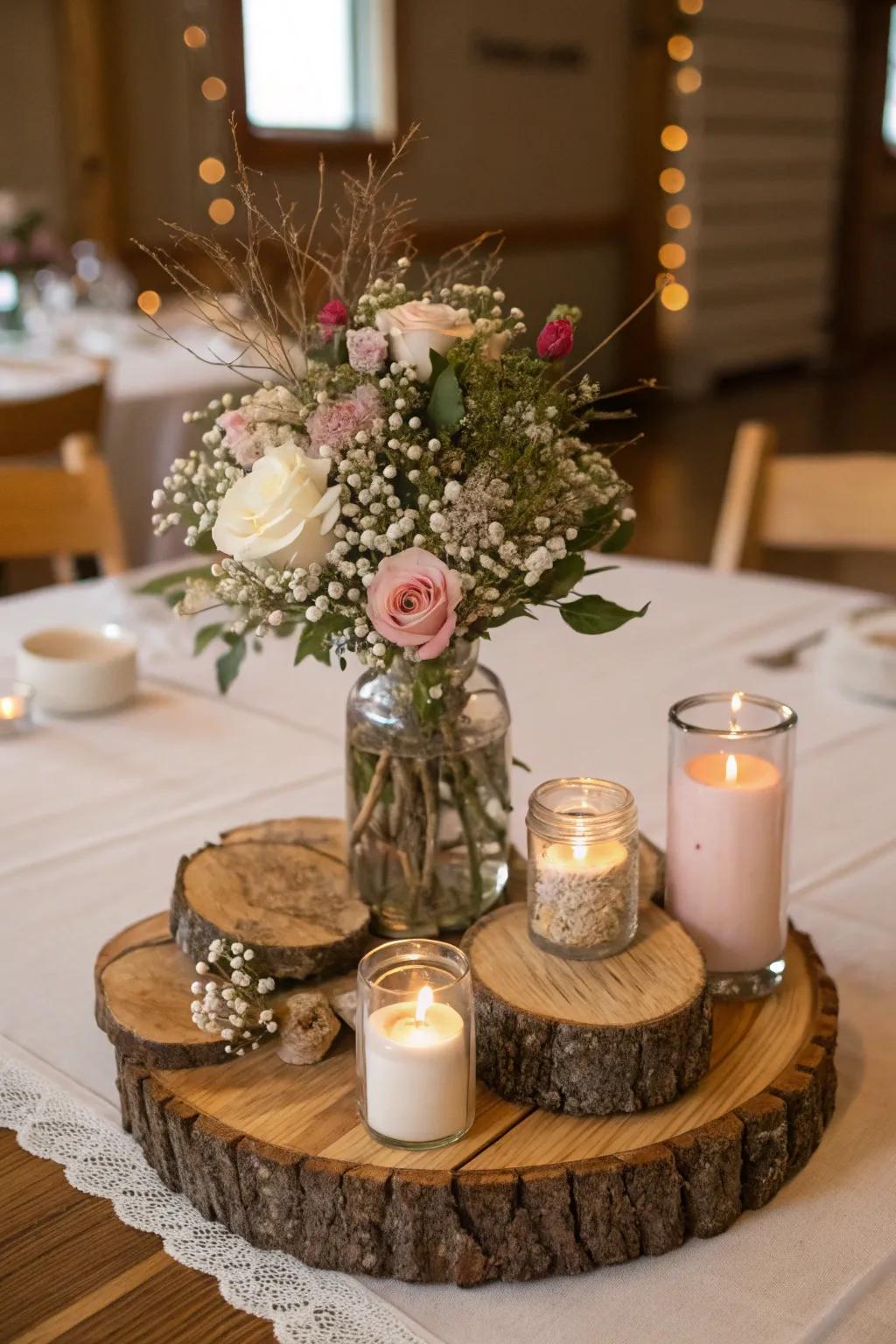 Wooden segments add rustic flair to this Christmas centerpiece.