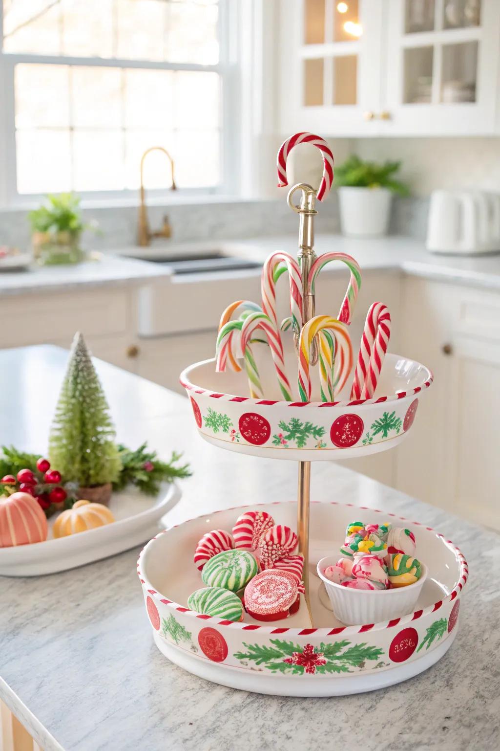 Sweet striped peppermint stick magic embellishes this cheerful tiered stand.