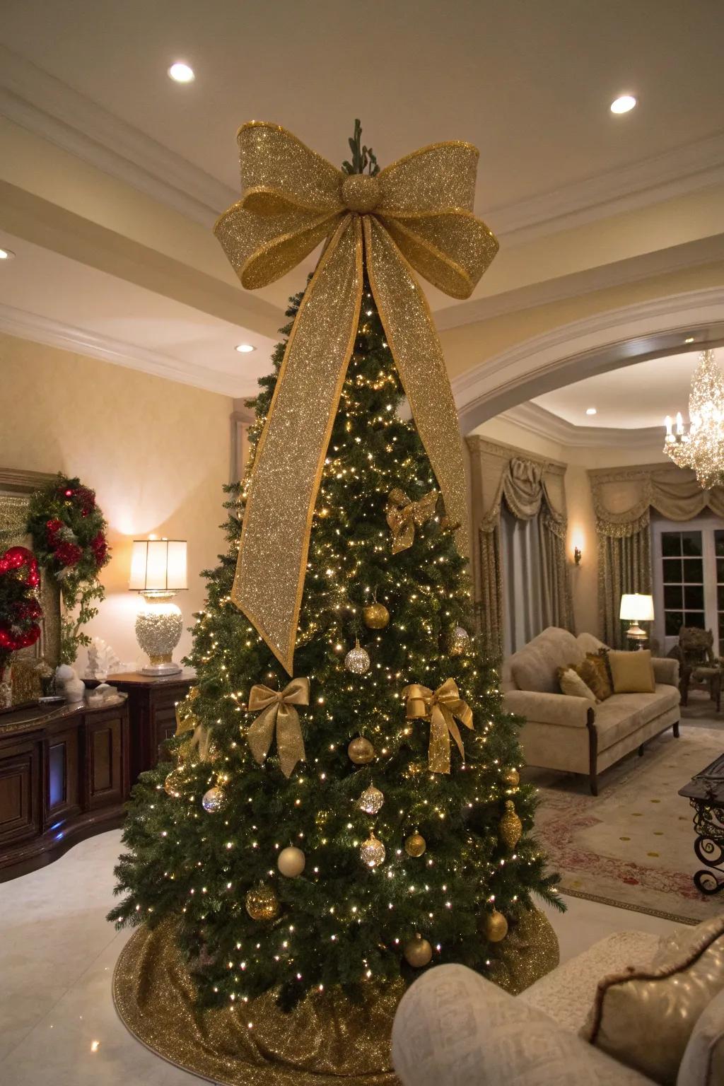 A glittering gold bow adds elegance and sparkle.