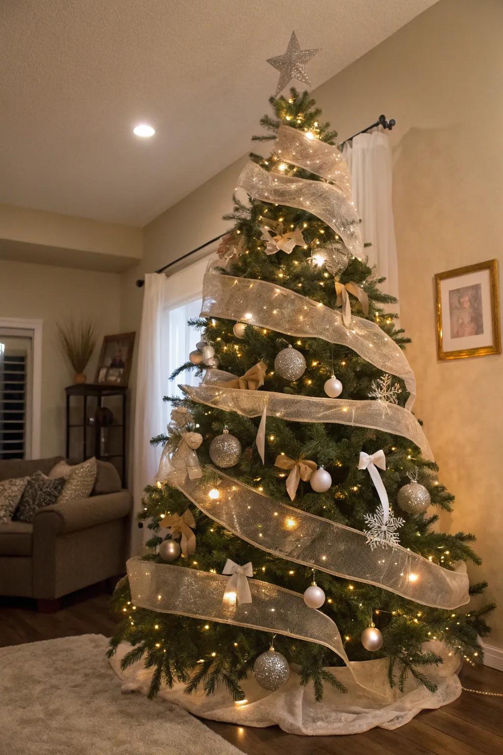 A Christmas tree showcasing superimposed clear and dense ribbons, resulting in a textured and vibrant presentation.