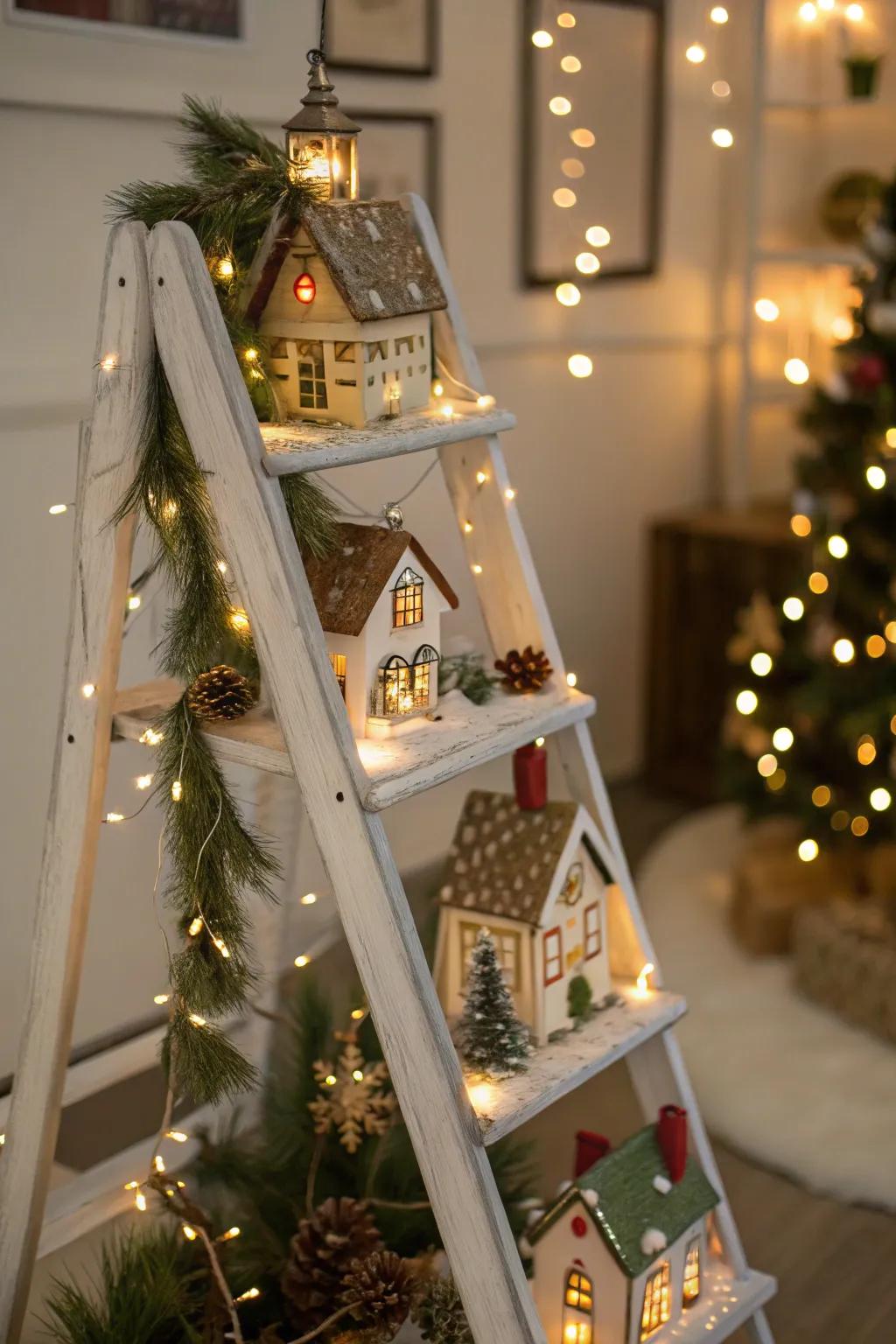A ladder delivers a remarkable, tiered stage for a Christmas village.