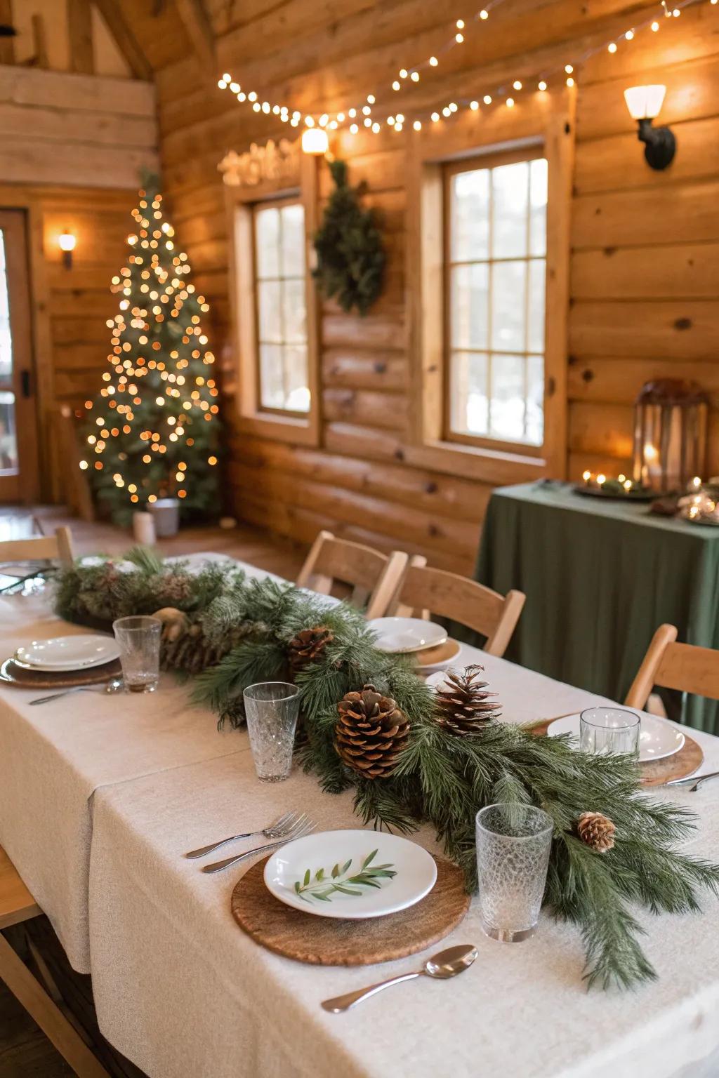 Rustic allure with pinecones and evergreens.