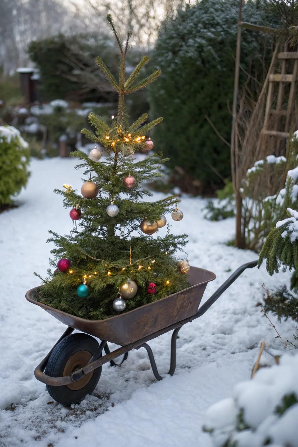 A small Christmas tree adds a festive flourish to this wheelbarrow.