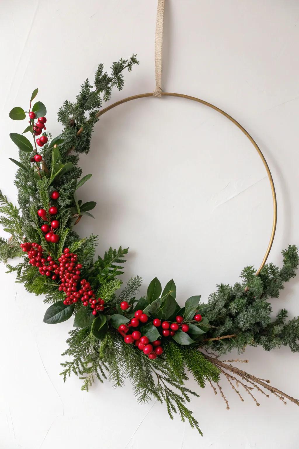 A simple half wreath with greenery and subtle scarlet berry accents.