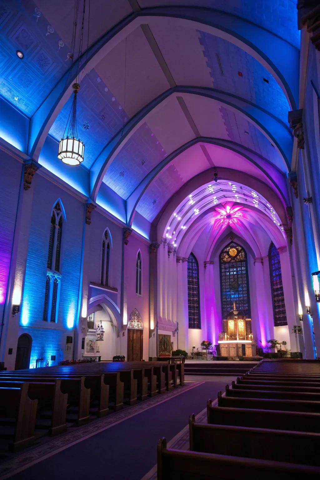 Colorful LED accents lend a vibrant flair to the sanctuary.