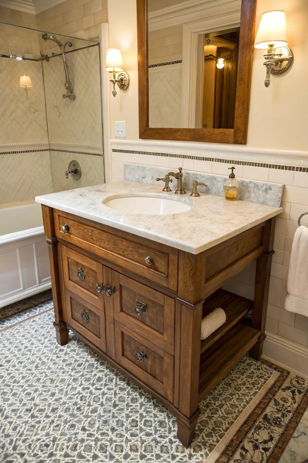 A heritage style vanity unit featuring a granite countertop.
