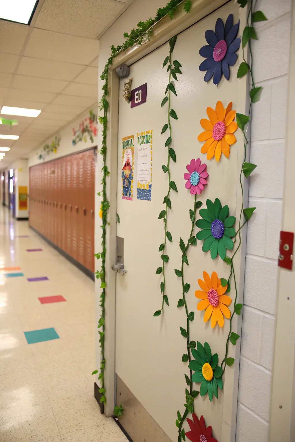 A blooming haven-themed learning space doorway showcasing radiant blossoms.