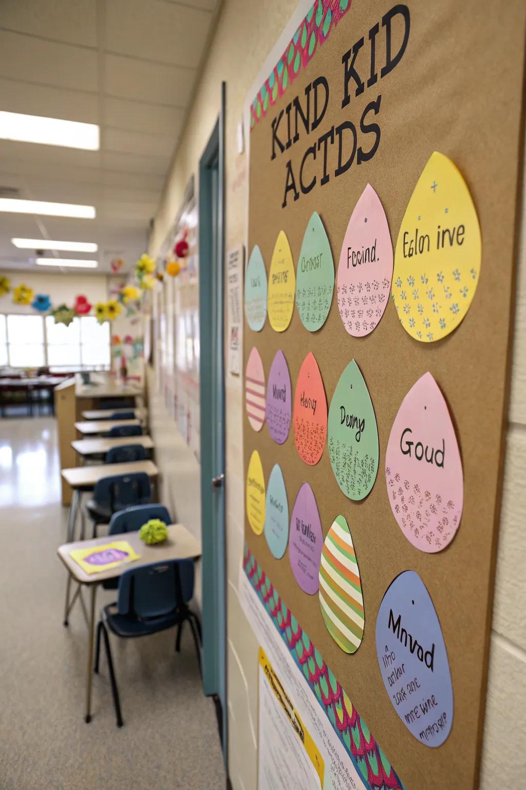 A kindness-focused bulletin board motivating kind acts via Easter treats.