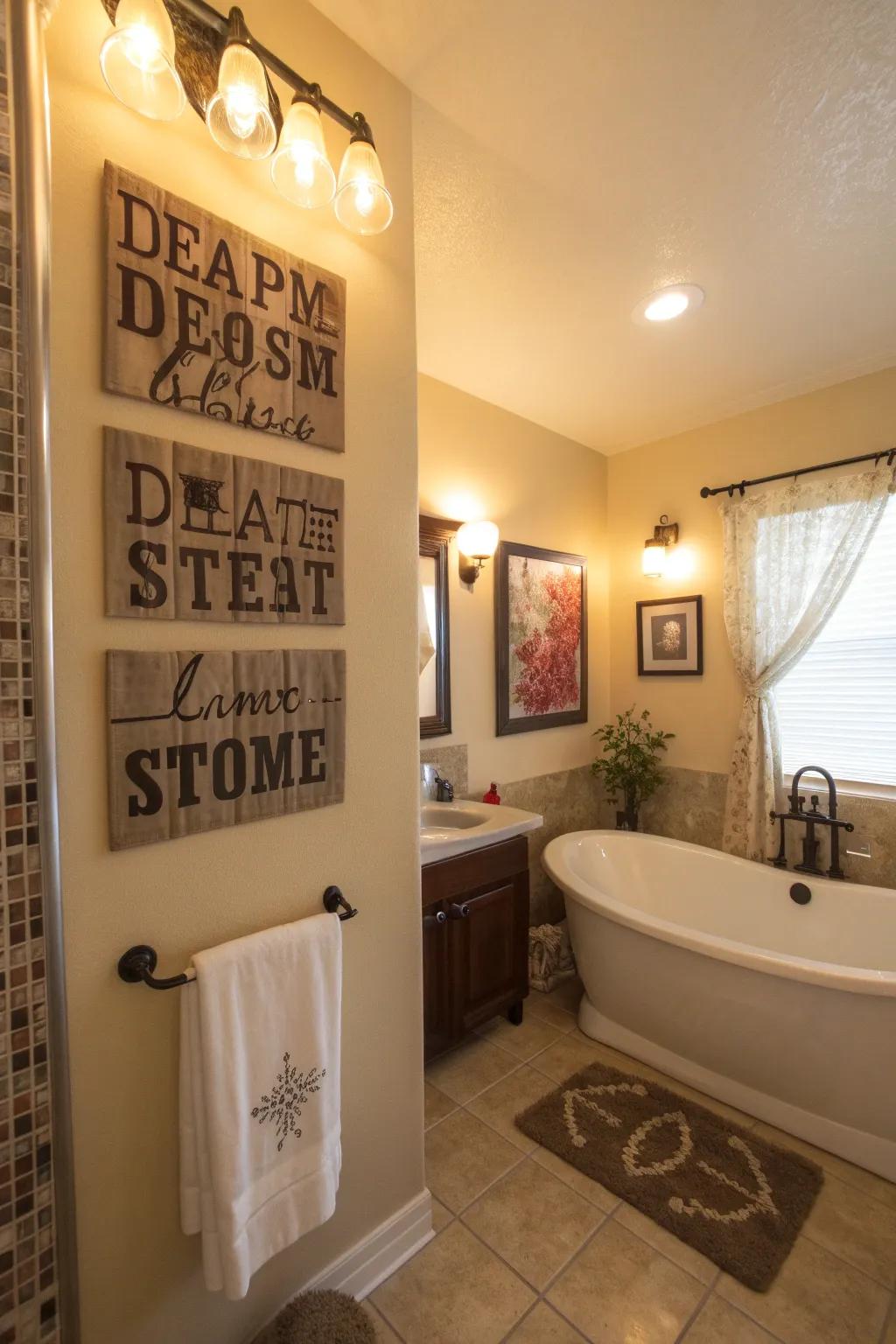 A bathroom improved with writing-themed art that inspires and personalizes the area.