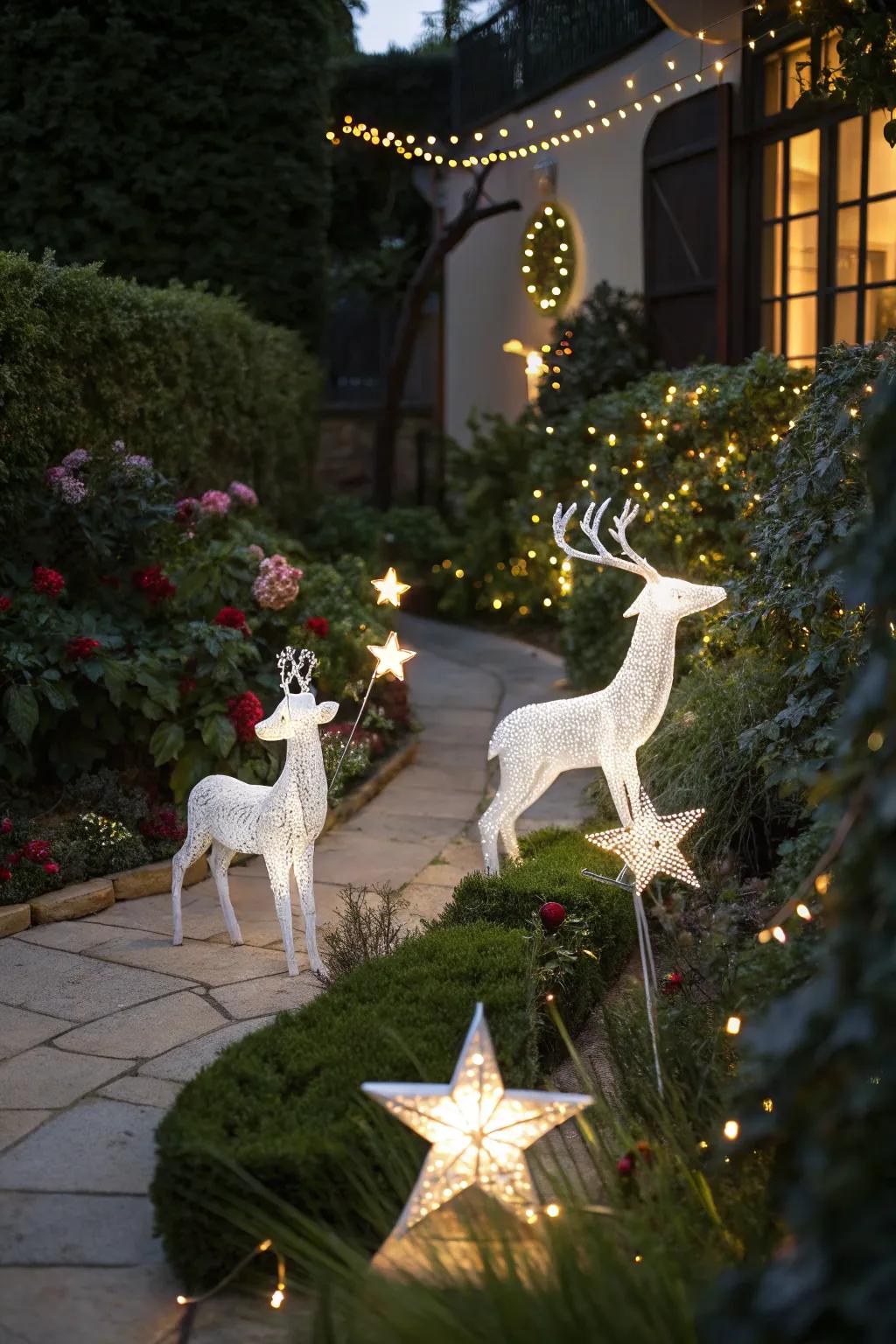 Ornamental highlights featuring deer and stars in the yard.