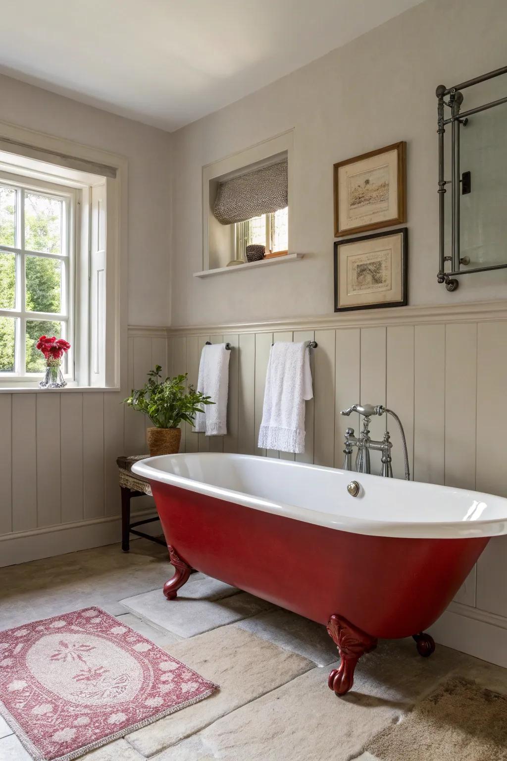 A vivid crimson tub that asserts a powerful statement in a minimalist design.