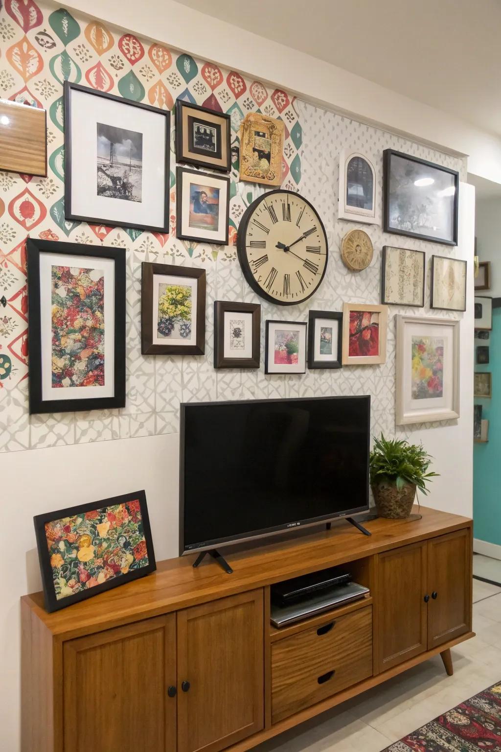 An alluring gallery wall showcases a display alongside numerous pieces of framed artwork.