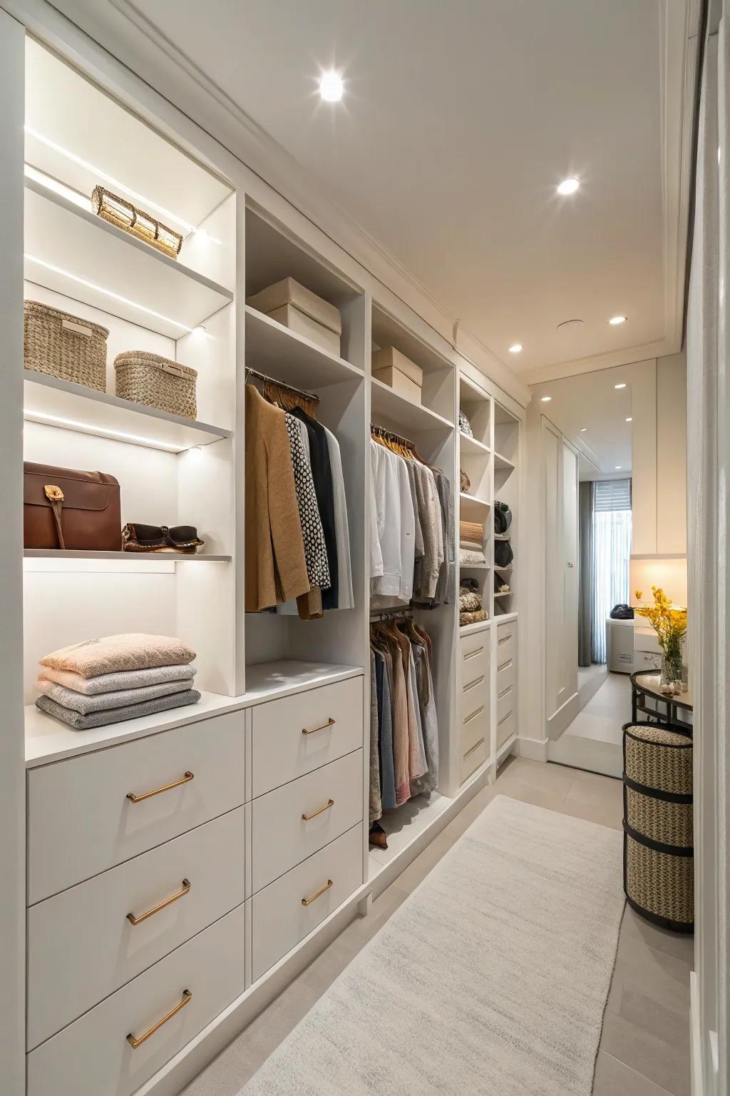 Understated tones engender an airy and inviting closet atmosphere.