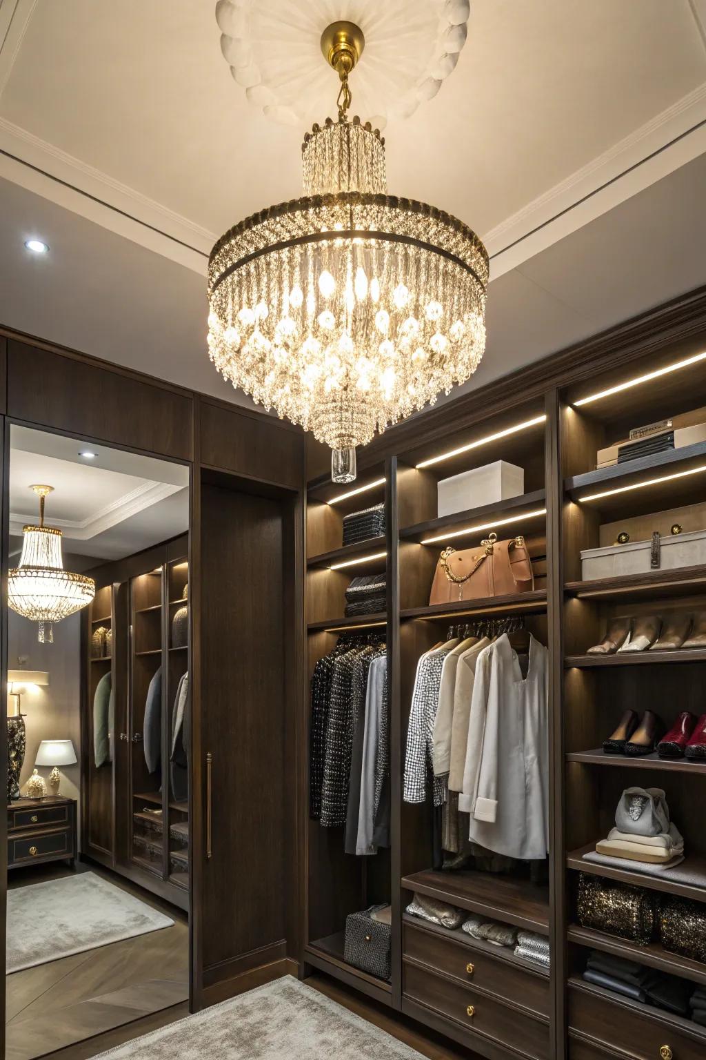 A decorative light fixture gives a luxurious aura to any closet, rendering it a glamorous refuge.