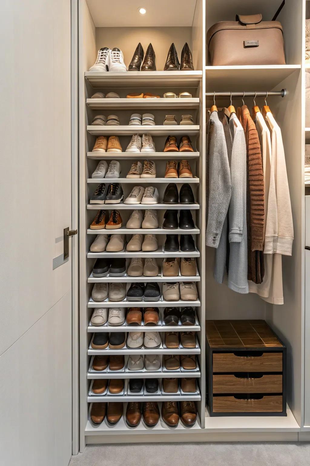 A stylish shoe rack clears up floor space while providing a dedicated display.