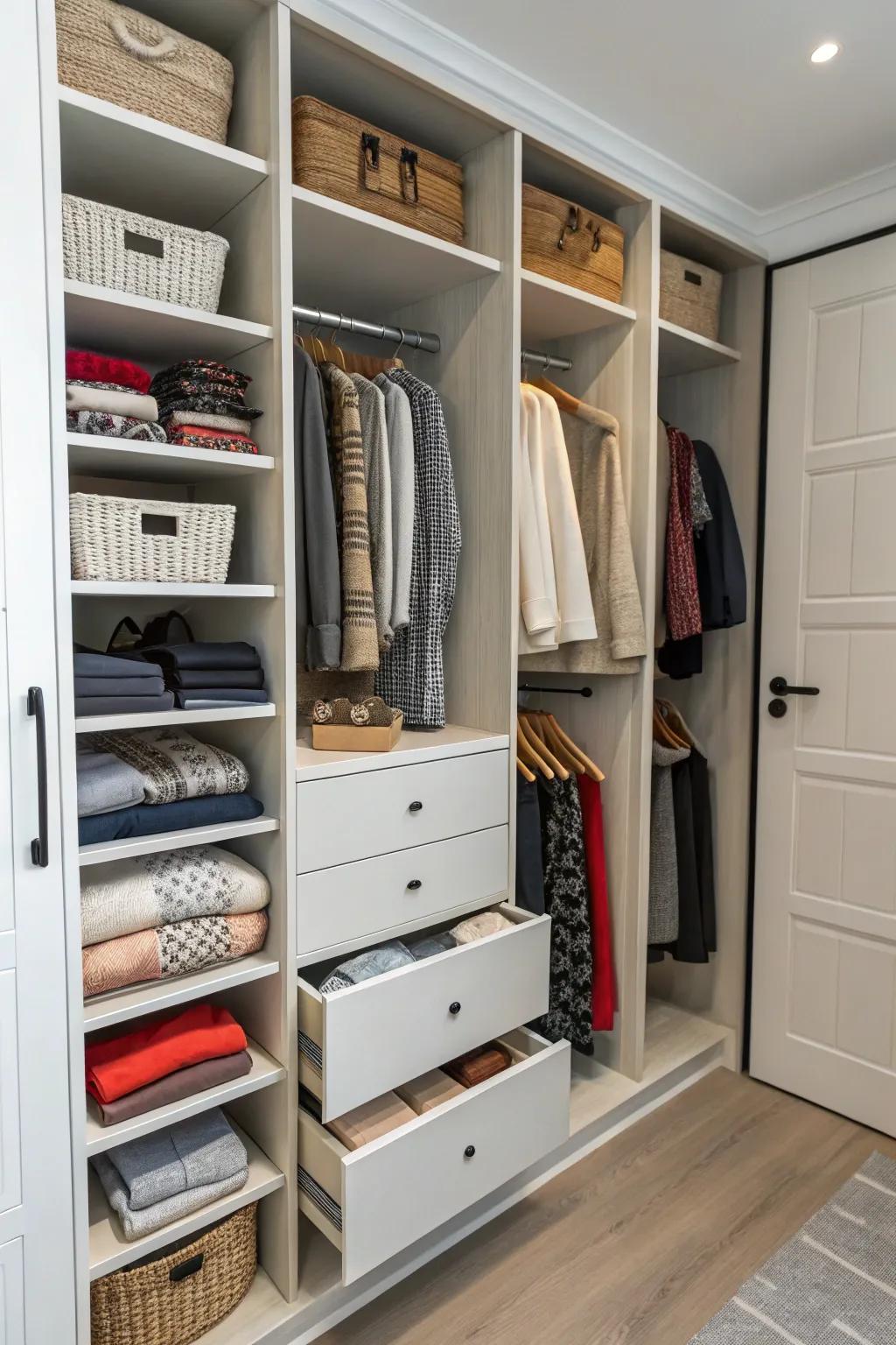 Drawer units offer concealed storage solutions in an open closet.