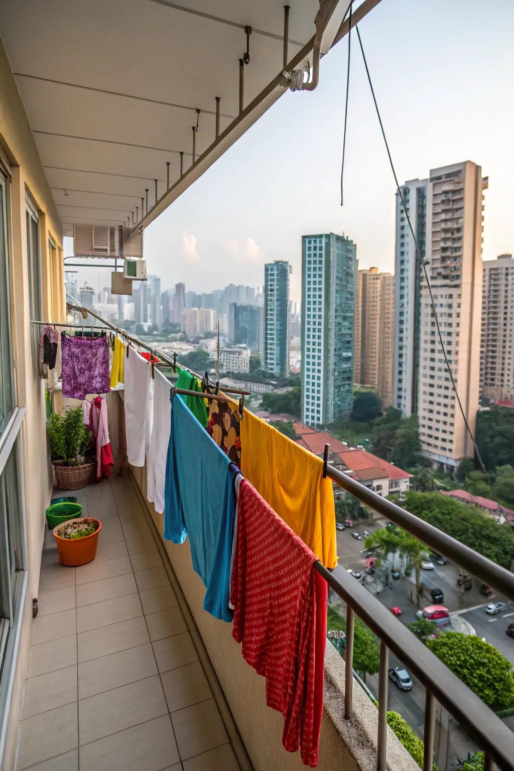 A convenient pulley system clothesline on a city balcony.