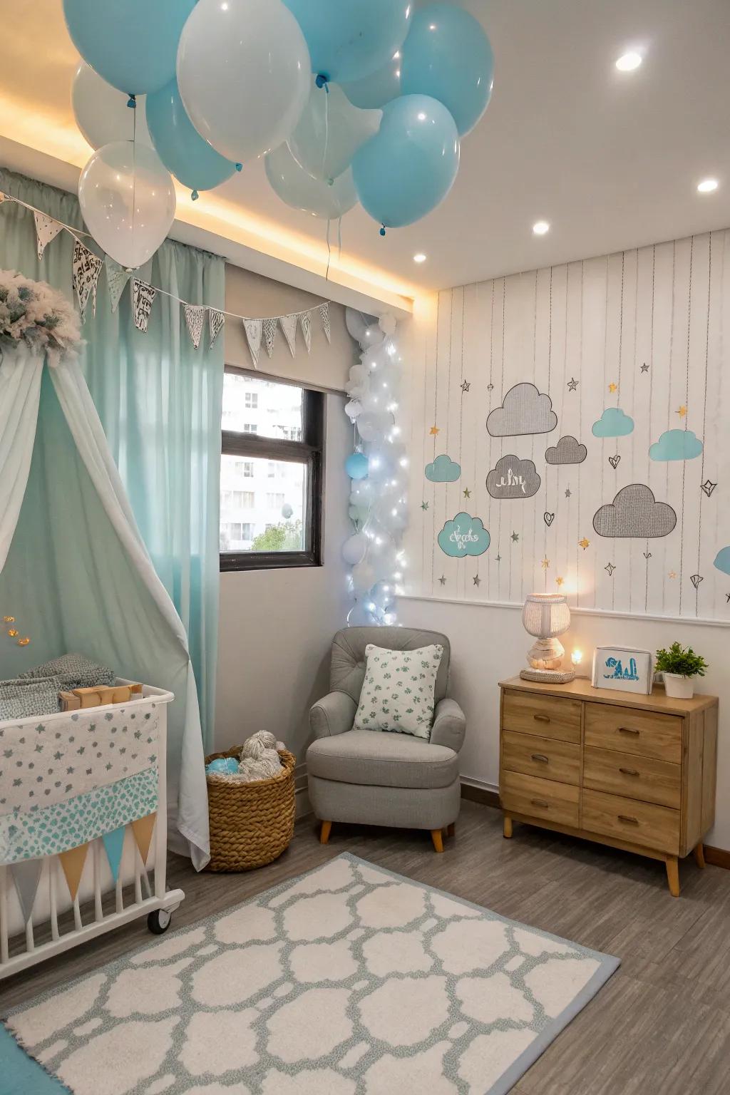 A muted color scheme generates a serene and welcoming setting, perfect for a sky-themed baby shower.