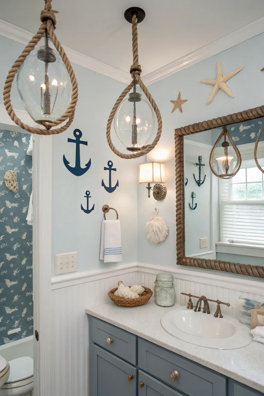Nautical lighting enhances a warm, coastal feel.