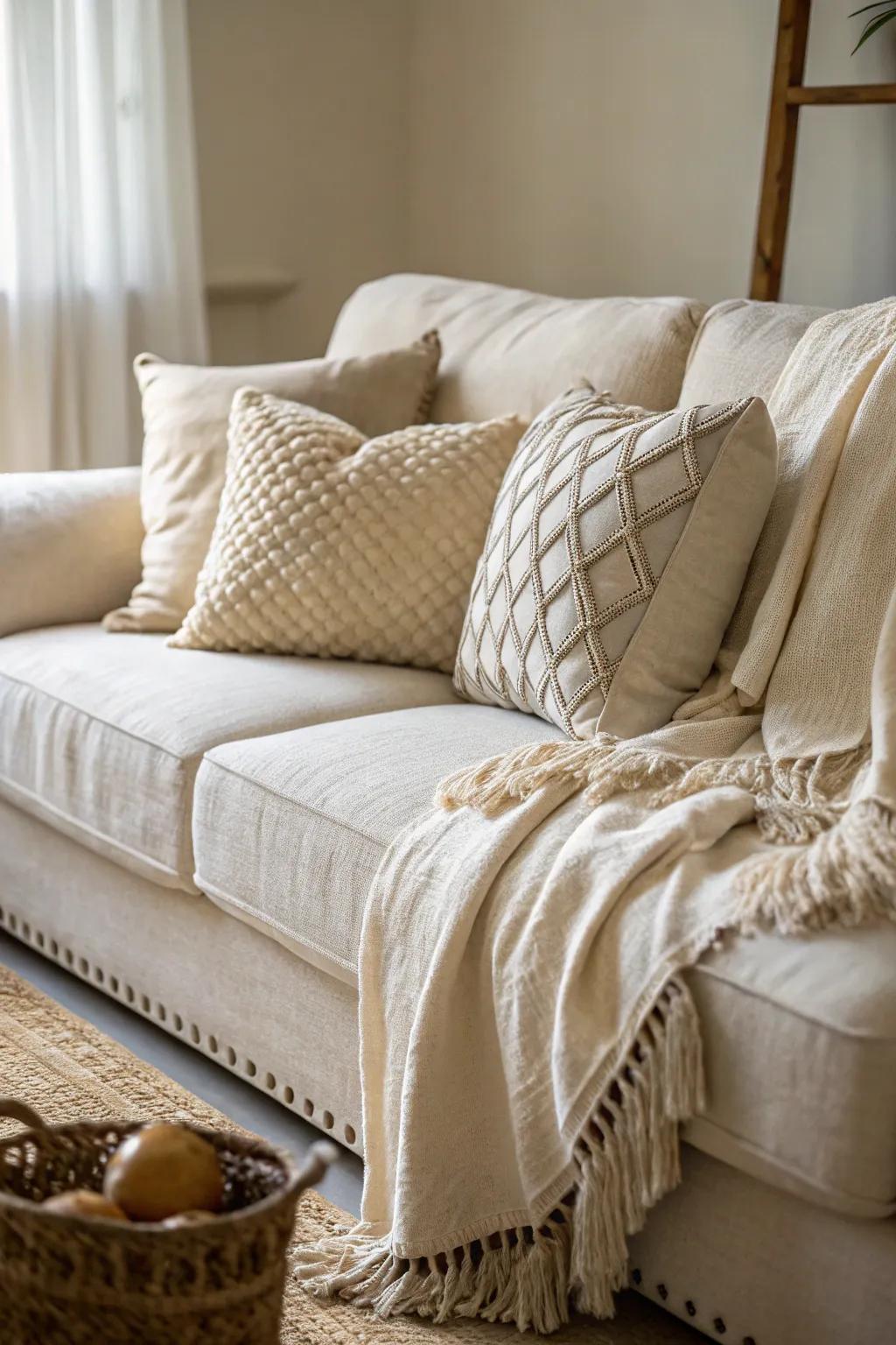 Textured fabrics enhance the cozy coastal feel.