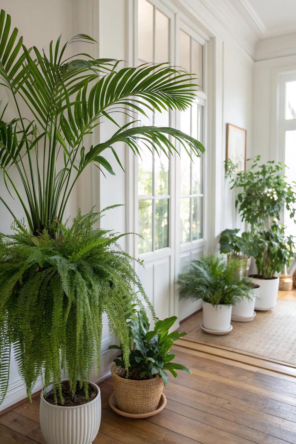 A room brightened by vibrant greenery and coastal decorations.