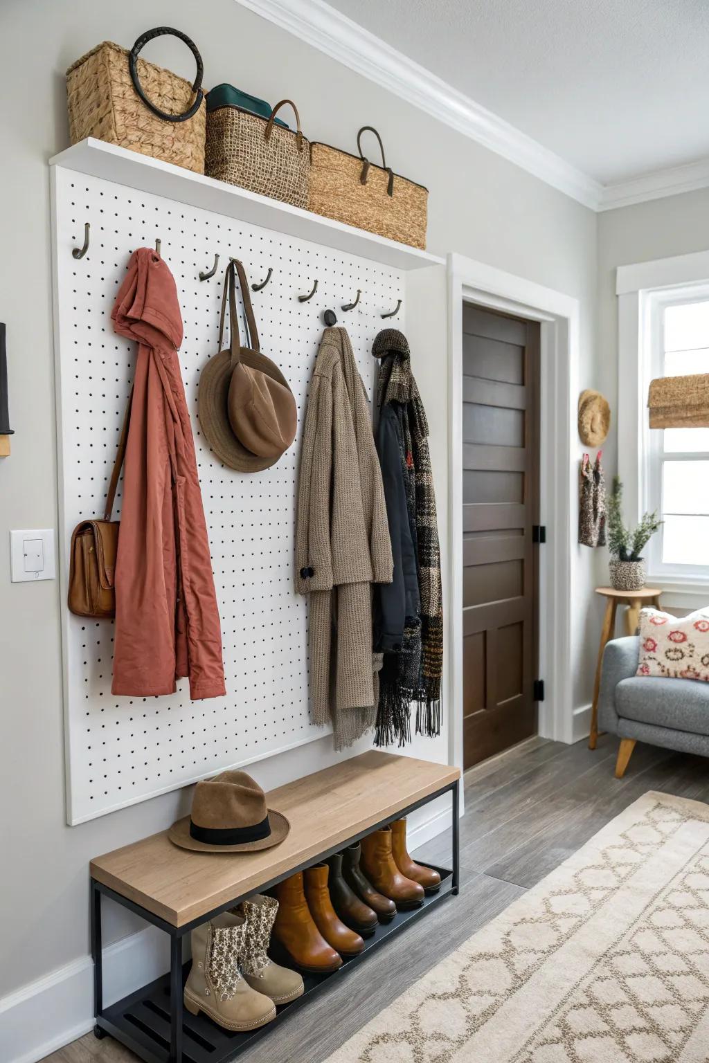 A pegboard offers adaptable and bespoke storage solutions.