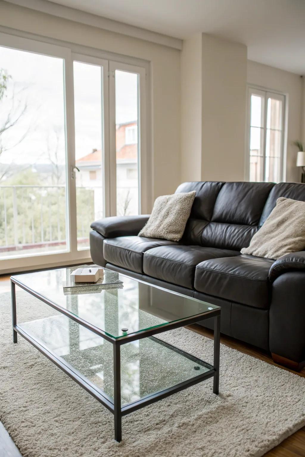 Clear tables contribute an airy sophistication to compact spaces.