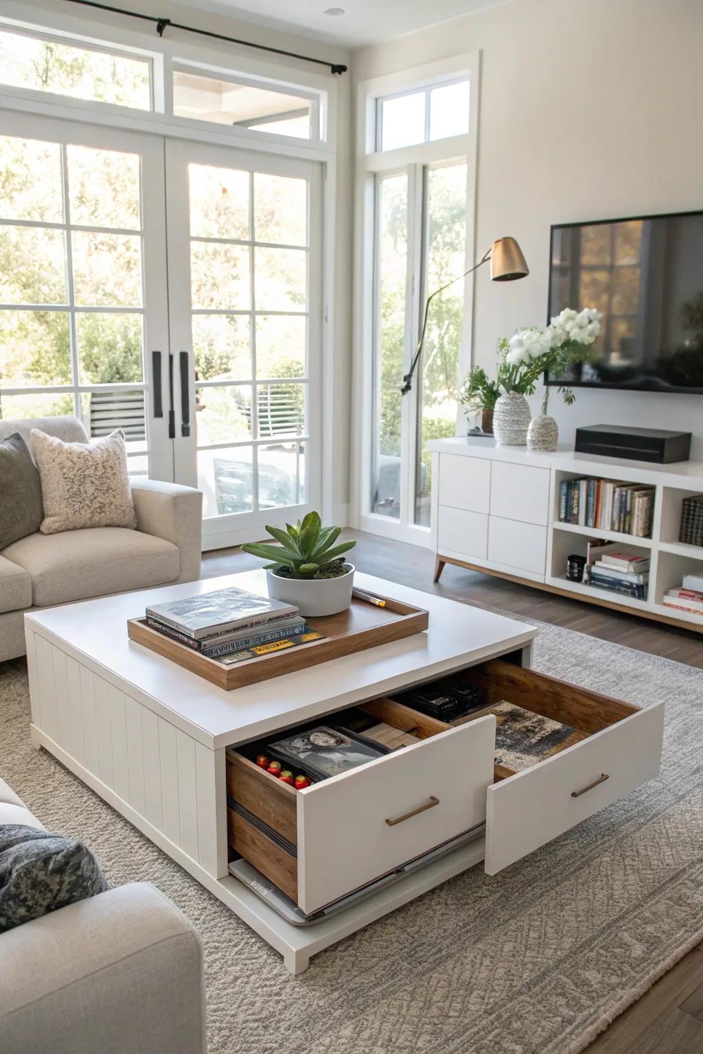 A multi-functional coffee table with storage, perfect for keeping a living room tidy.