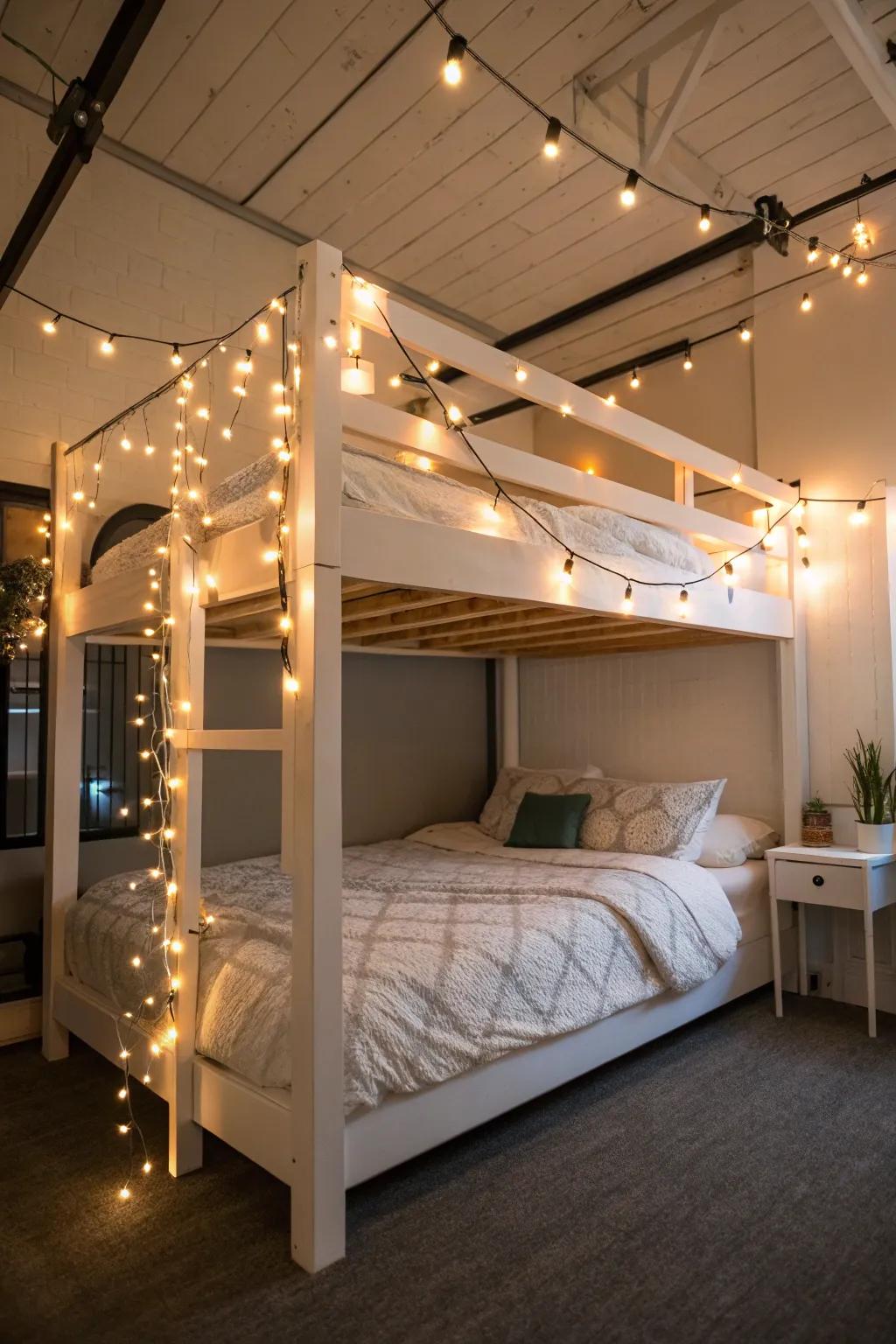Fairy lights add a magical feeling to your high sleeper setup.