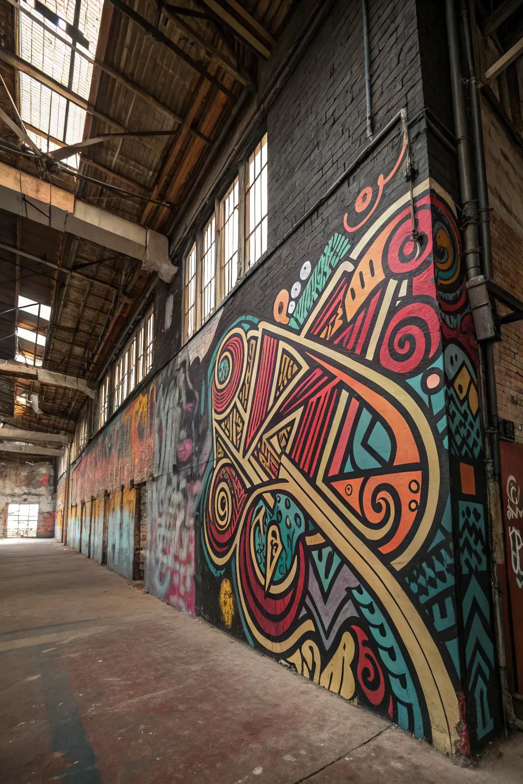 A loft wall embellished with elaborate lettering graffiti.