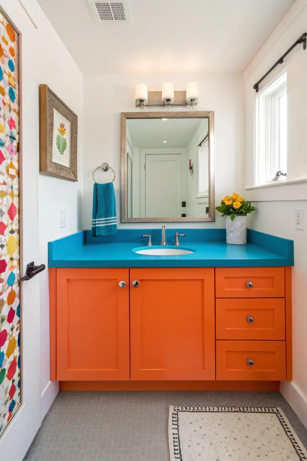Contrasting vibrant cabinetry lends flair to this powder room.