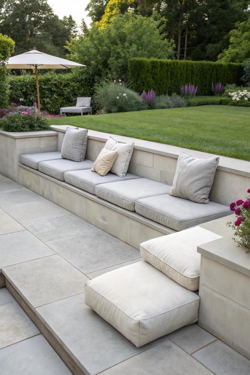 Integrated seating turns patio borders into social and functional areas.