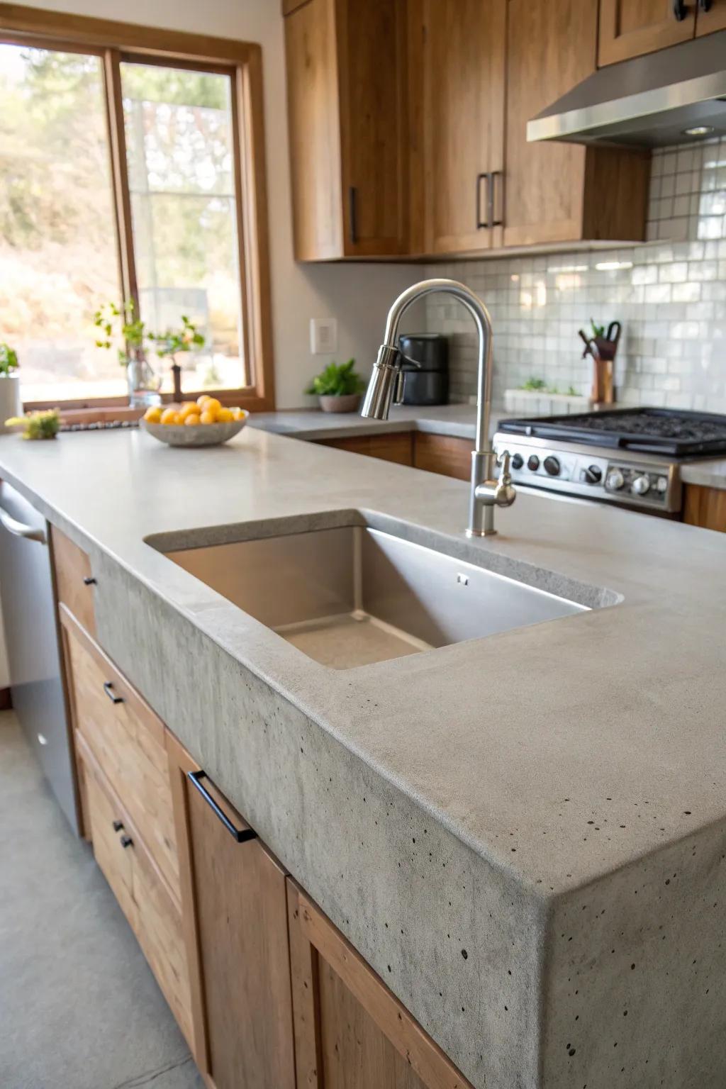 Integrated concrete worktop and sink in a modern kitchen.