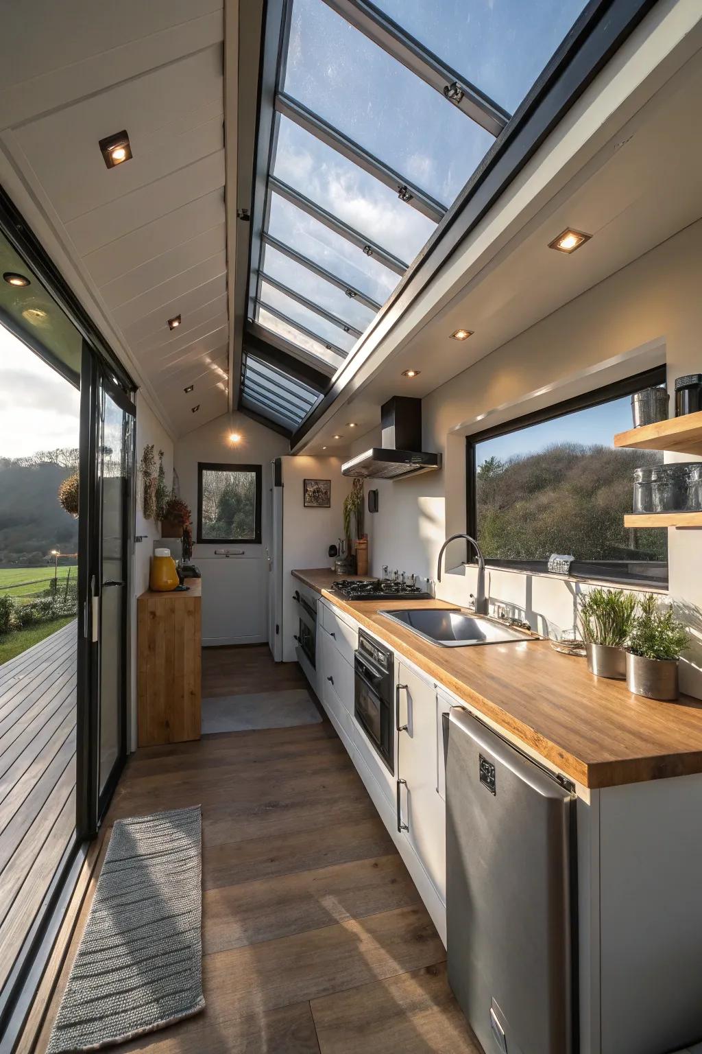Skylights bring natural sunshine into the kitchen of this container house.
