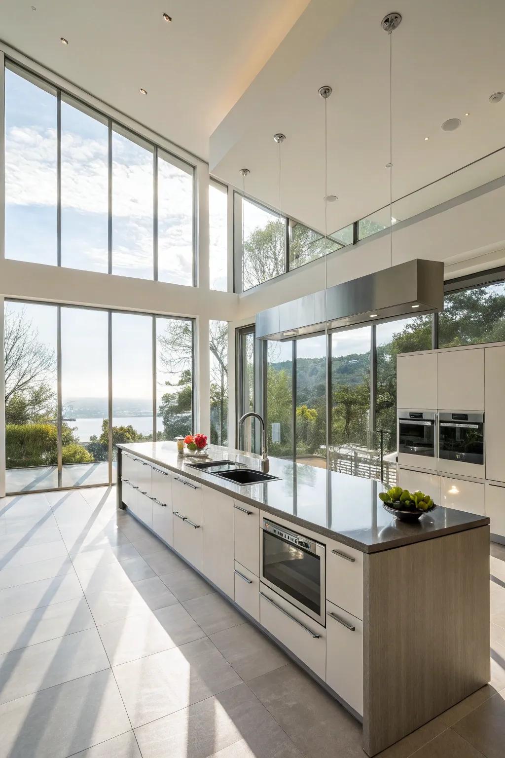 Large windows flood the kitchen with natural light, enhancing its appeal.
