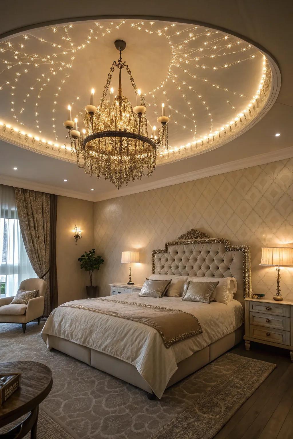 Unique lighting fixtures add character and warmth to the bedroom.