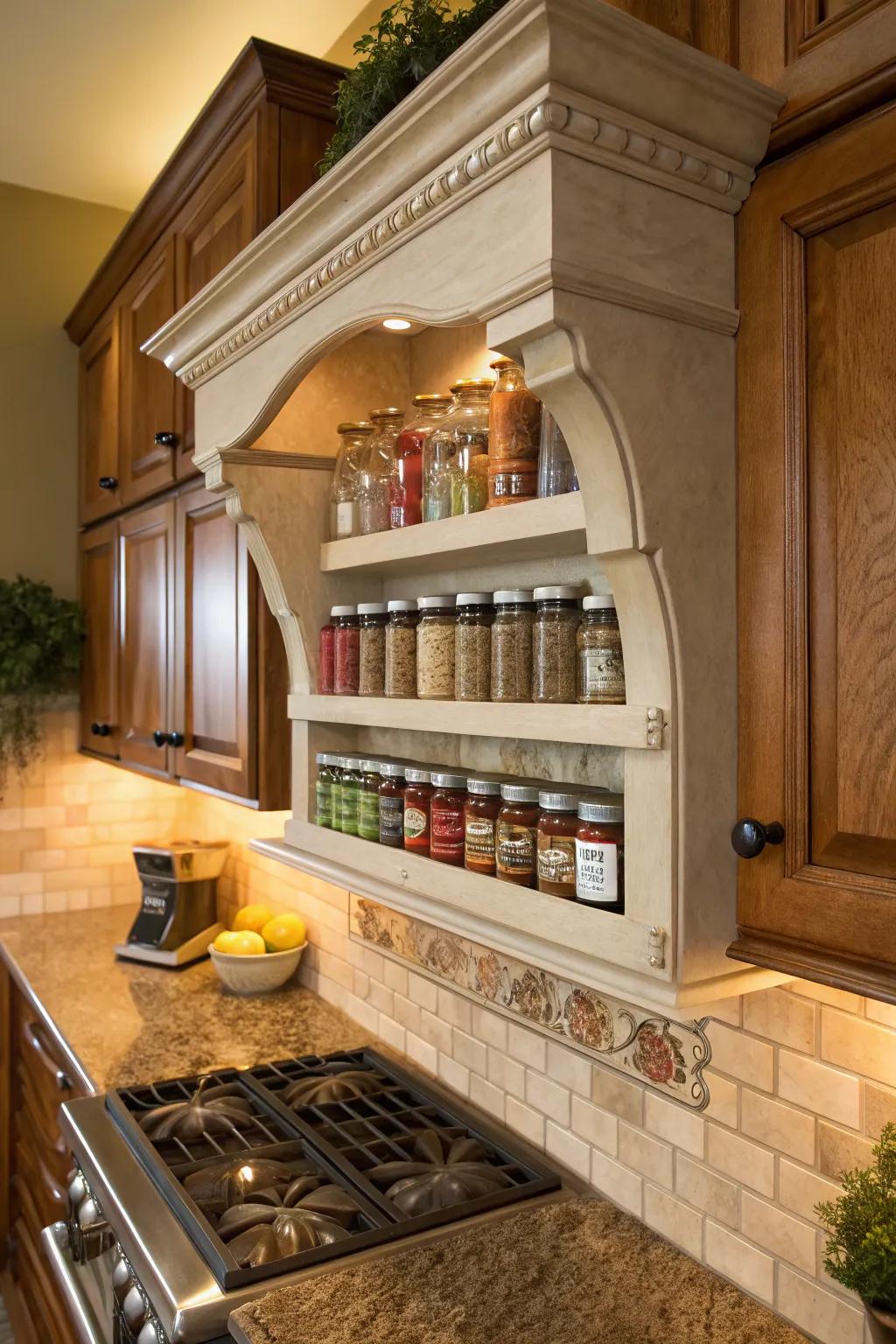 Support shelves keep kitchen spices neatly arranged and chic.