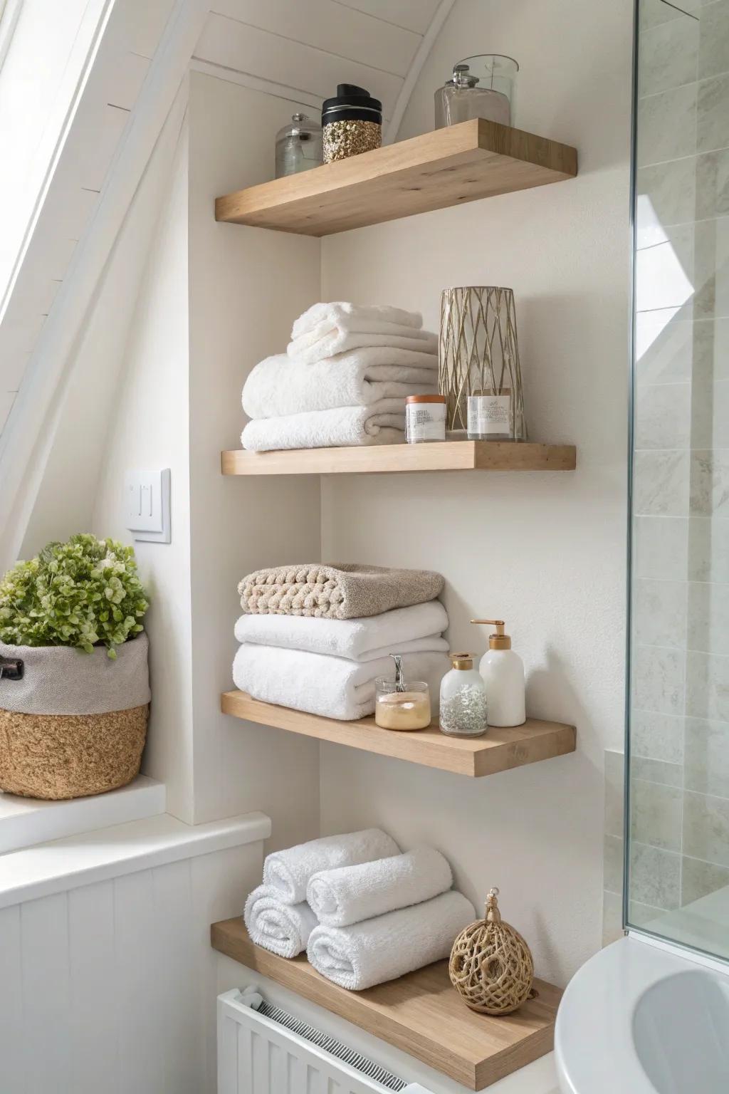 Wall-attached shelves add storage and style to bathroom corners.