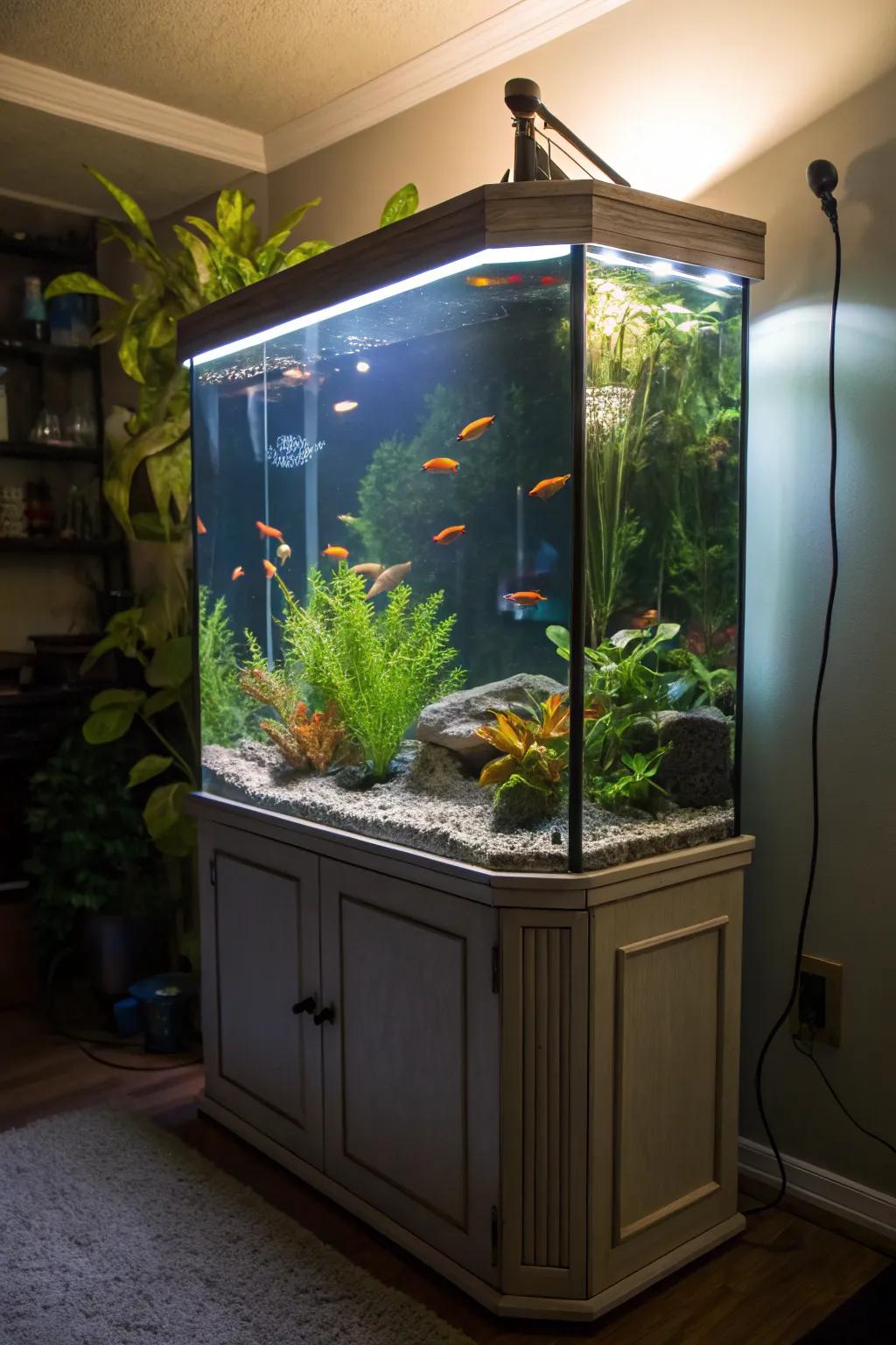 LED lighting highlights the brilliant colors of fish and flora in a corner tank.