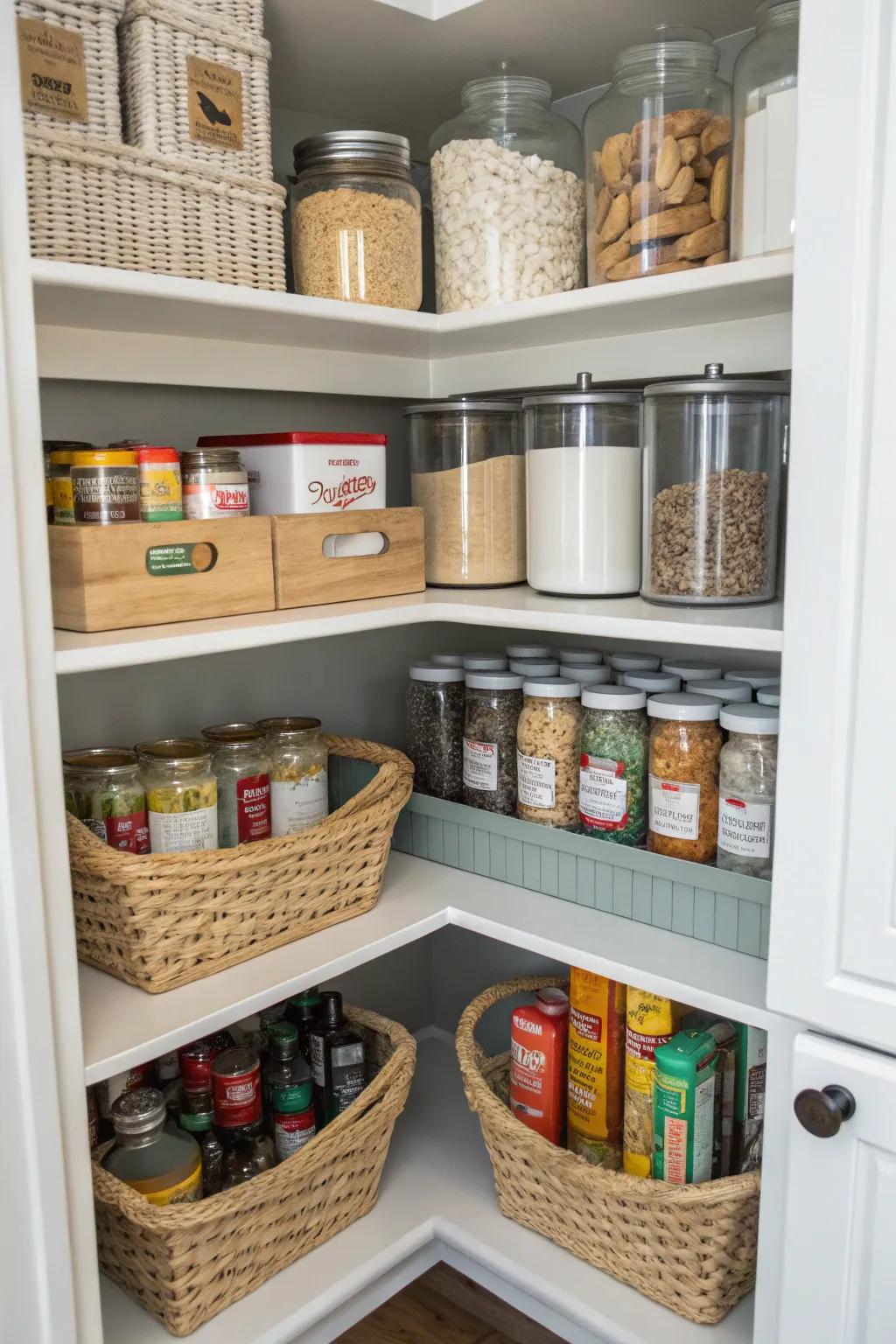 Adaptable corner pantry shelves providing versatile storage.
