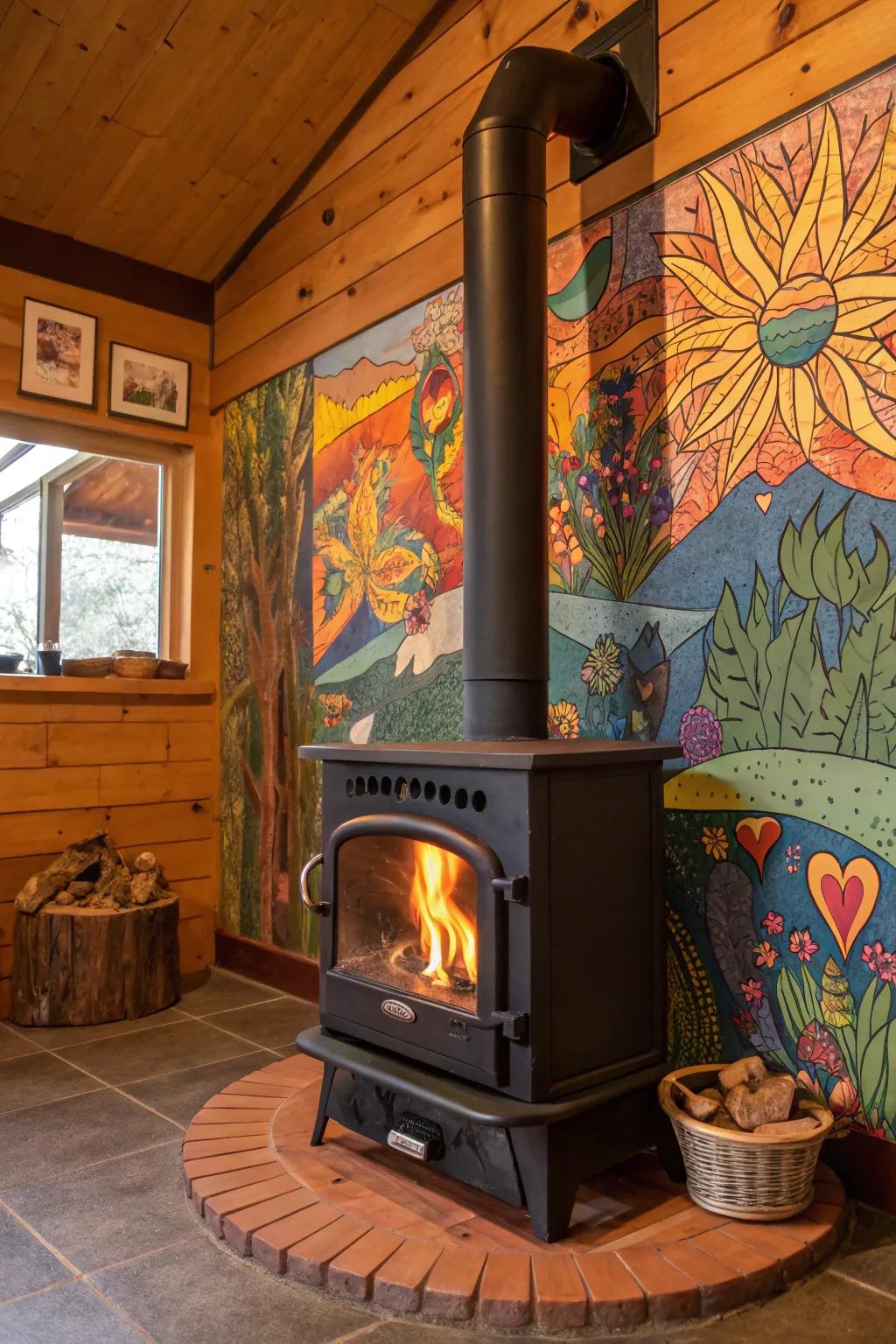 Transform your firebox nook through a bold wall painting.