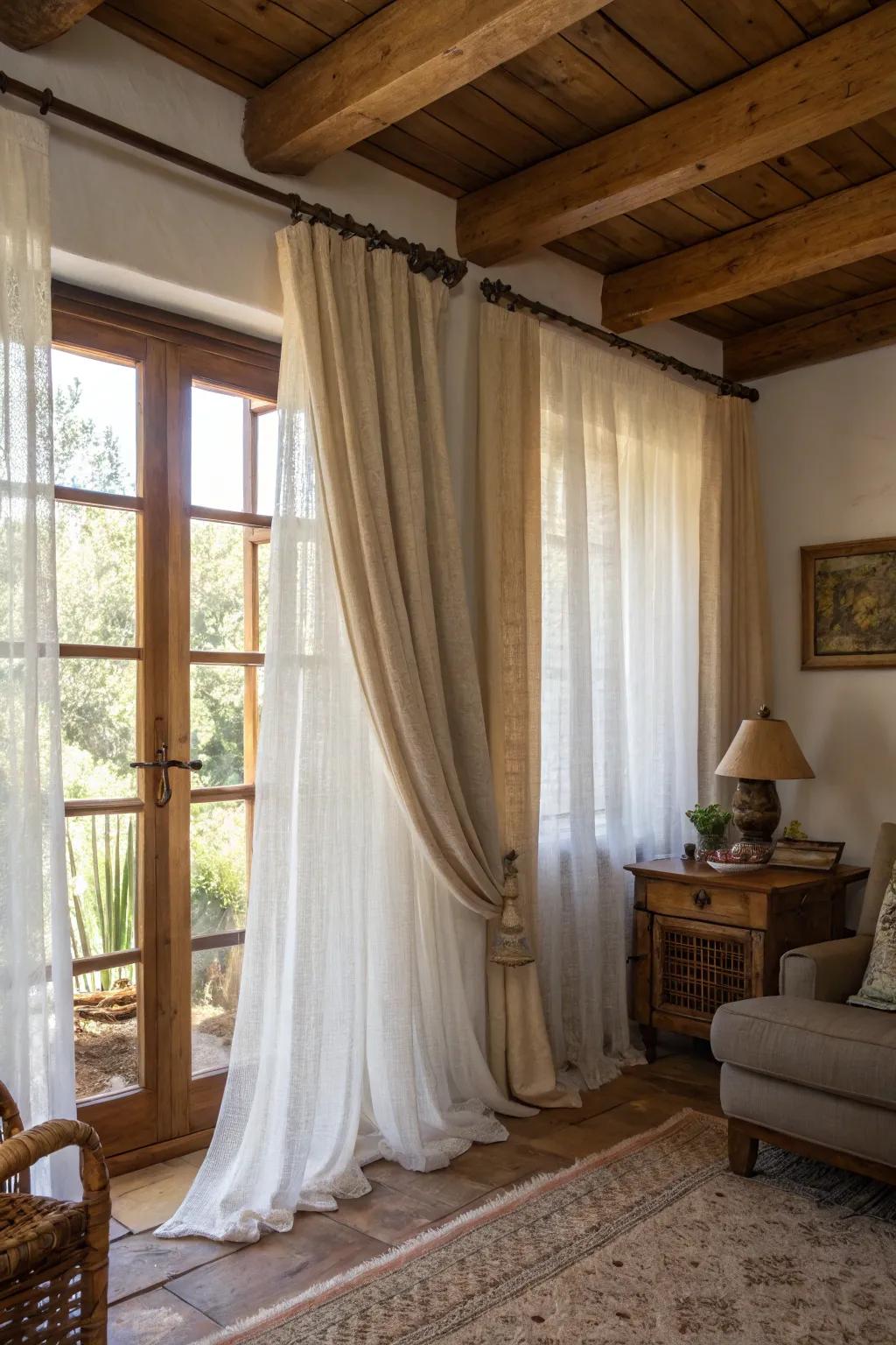Layered curtains introduce depth and richness to your cottage decor.