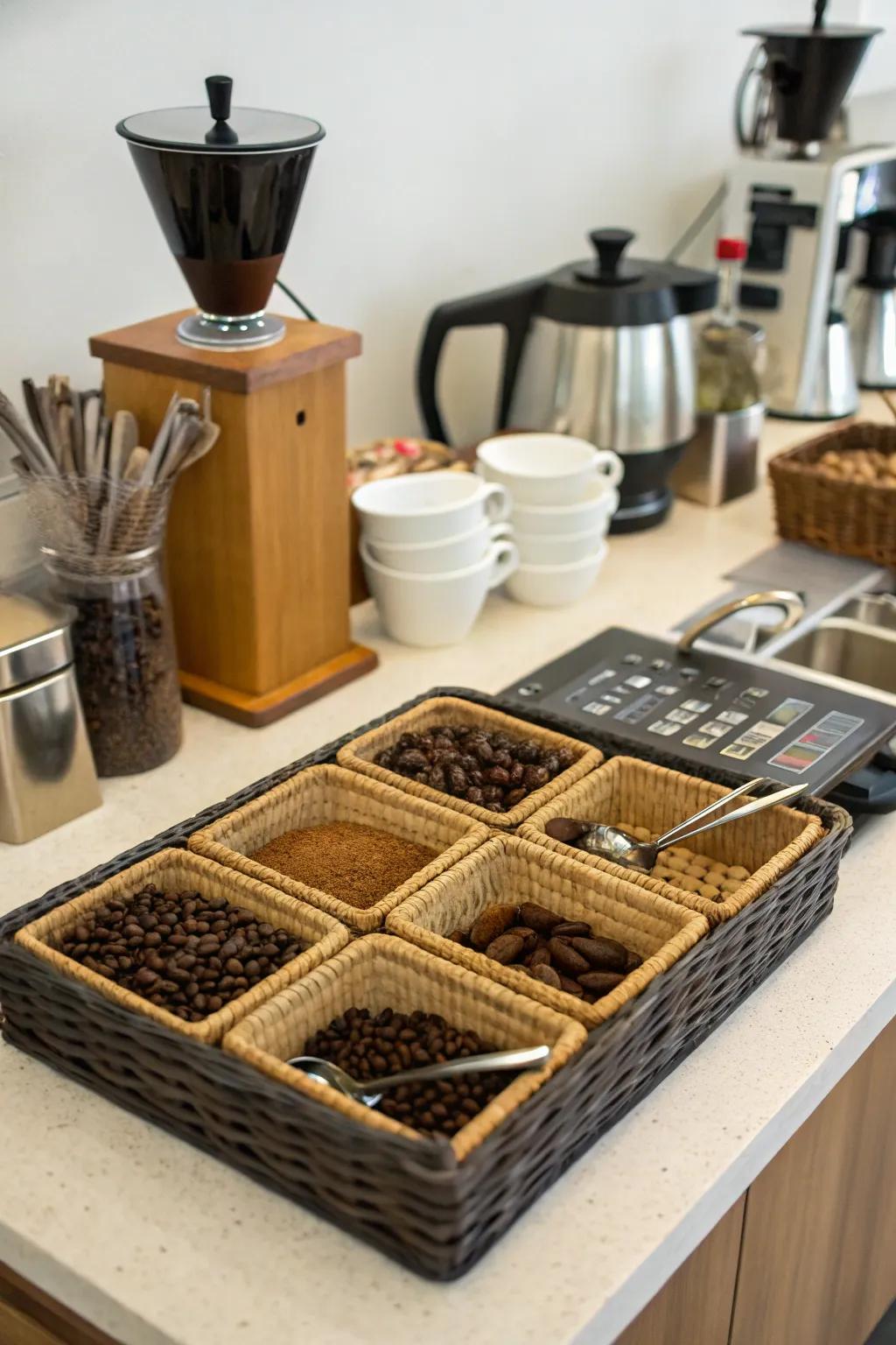 Containers and platters are great for keeping your coffee supplies in order.