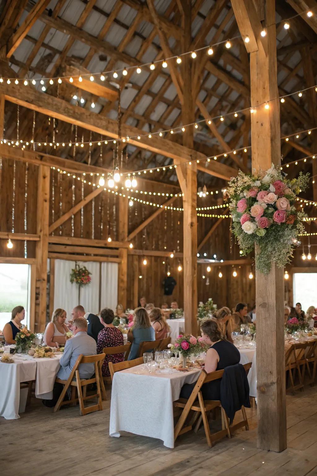 A wedding gathering held in a captivating rustic barn with exposed timber beams.