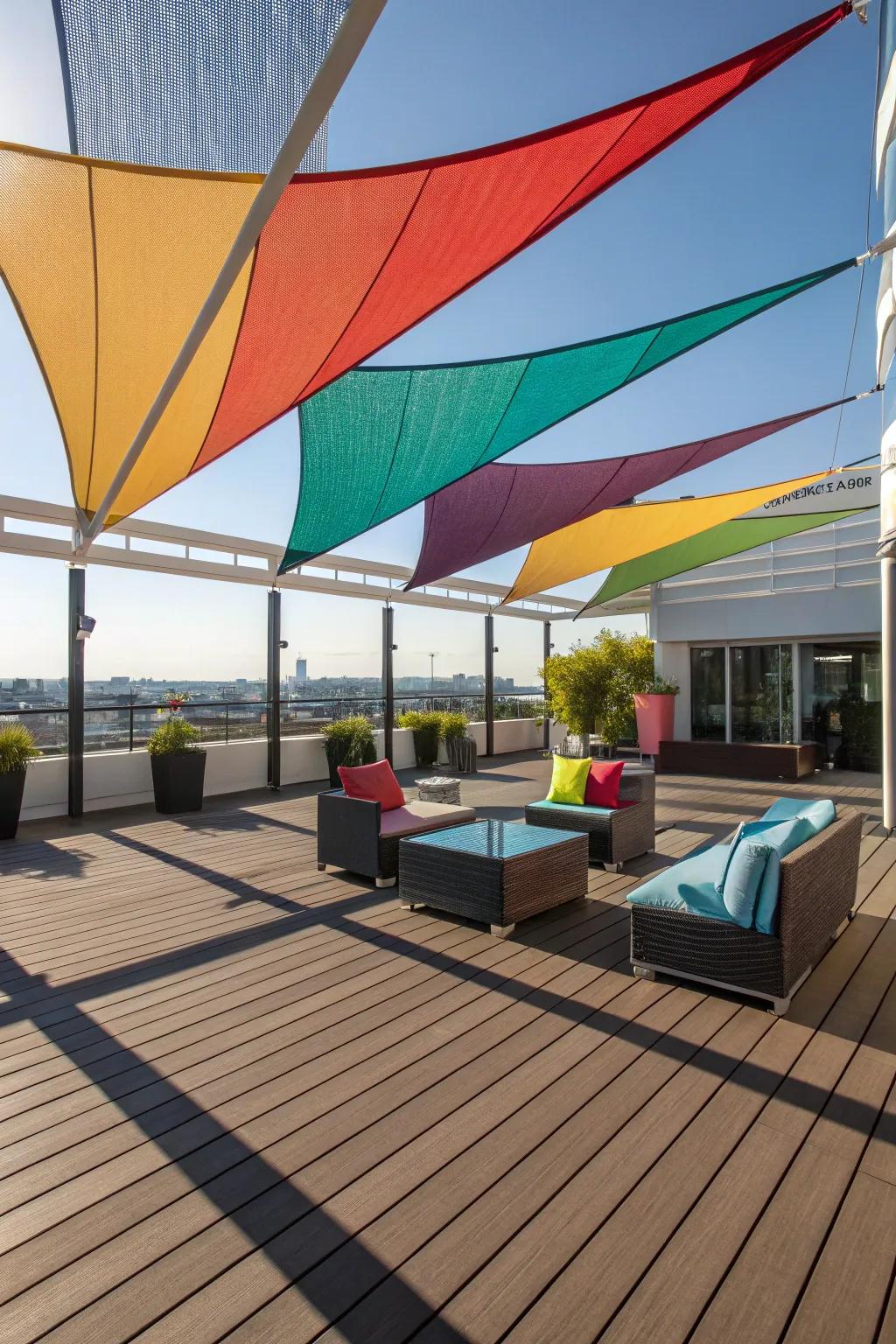 A vibrant sun sail-covered deck, perfect for modern aesthetics.