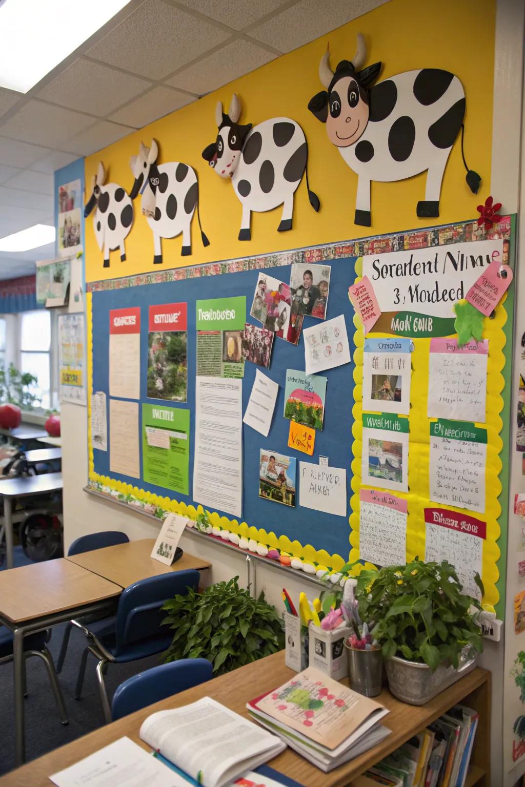 A 'Scooped from the Pasture' board designated for disseminating classroom updates