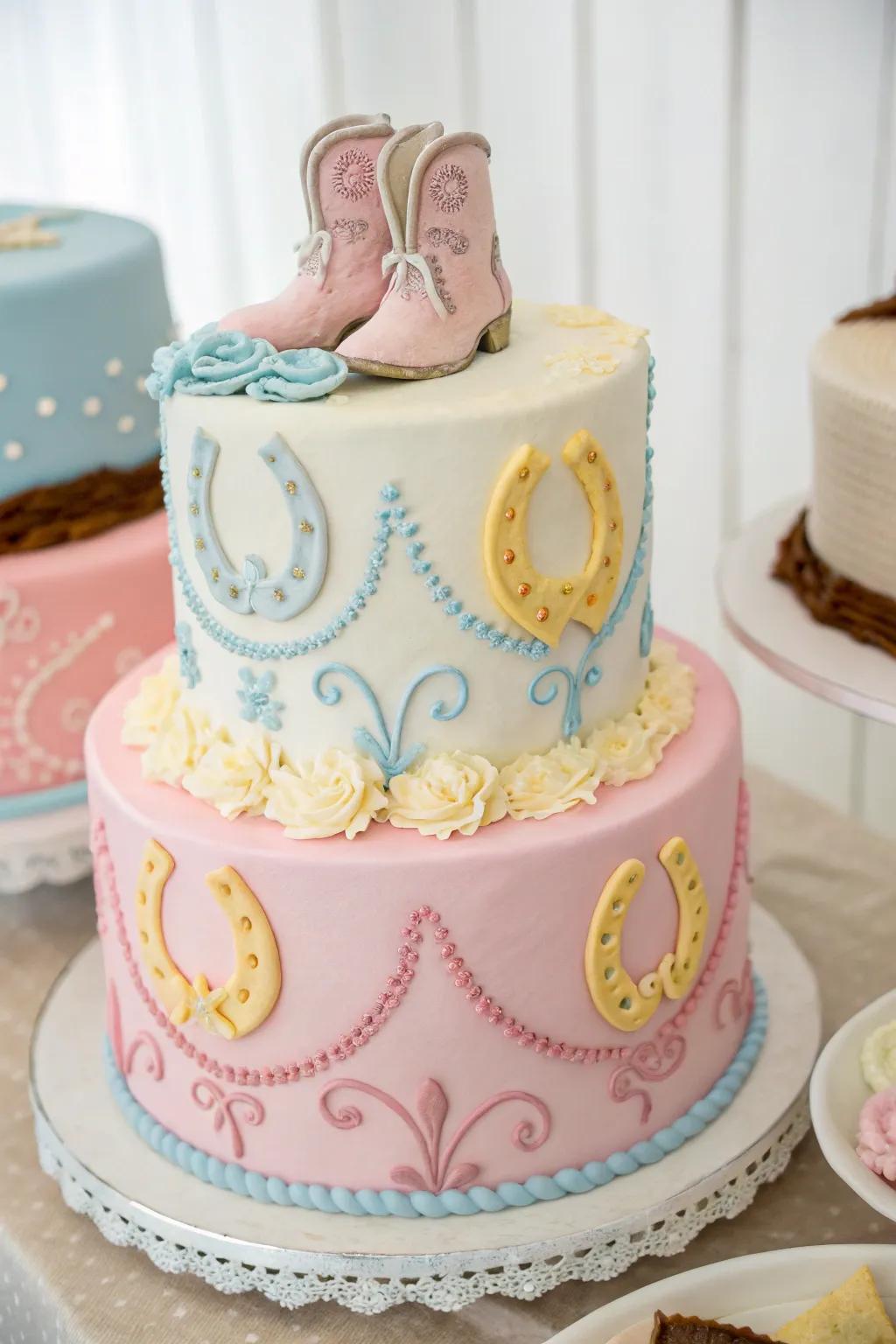 Gentle shades introduce an elegant and soft feel to this cowgirl-themed cake.