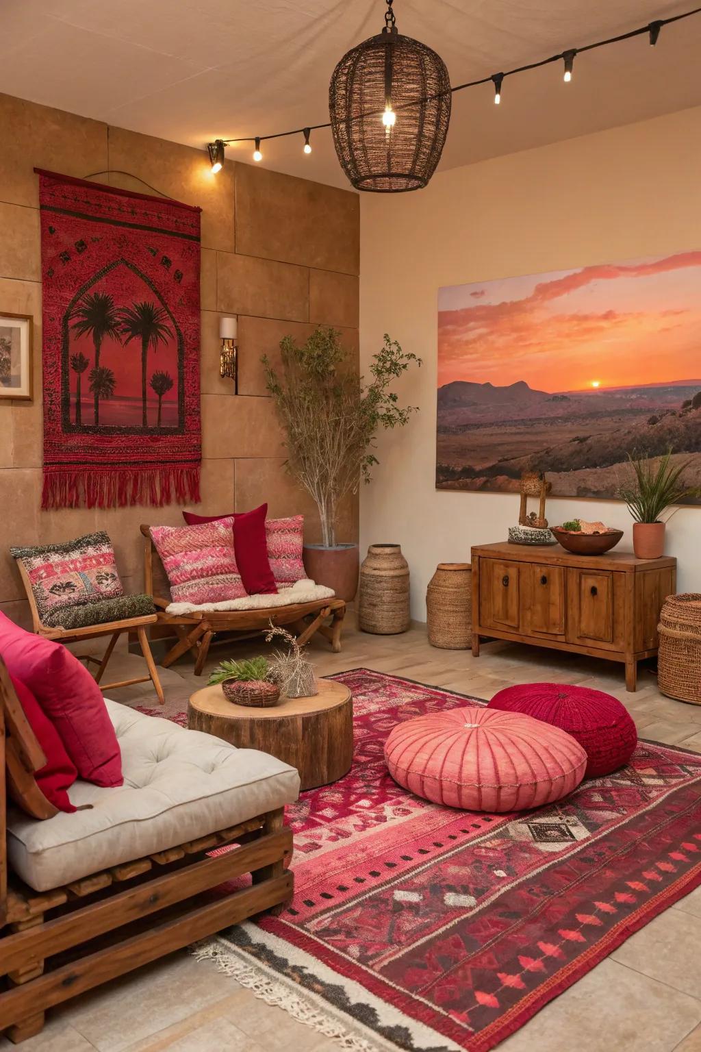 Earthy shades with vibrant hints create a cozy feel.