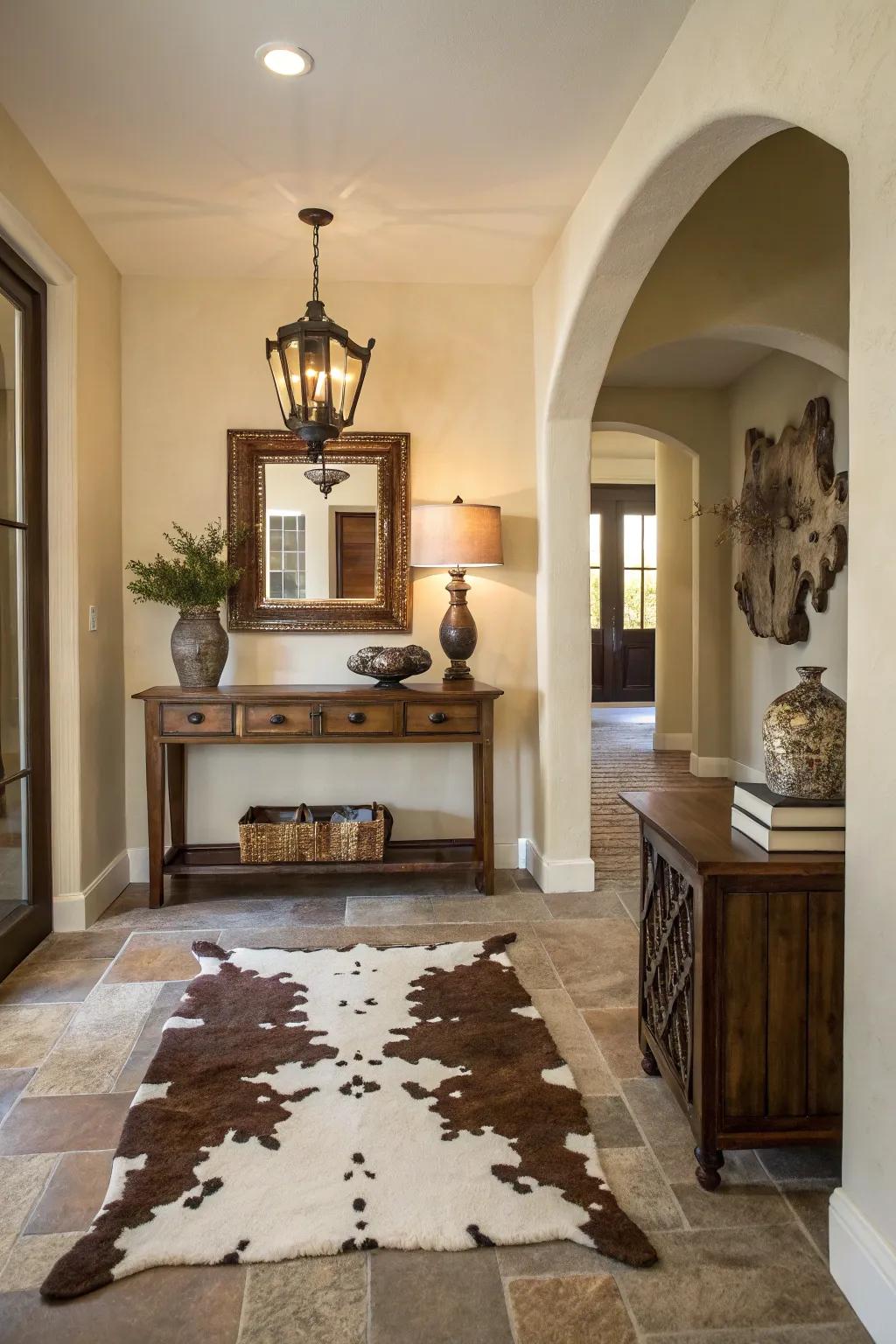 An elegant entryway featuring cowhide wall decor above a console.