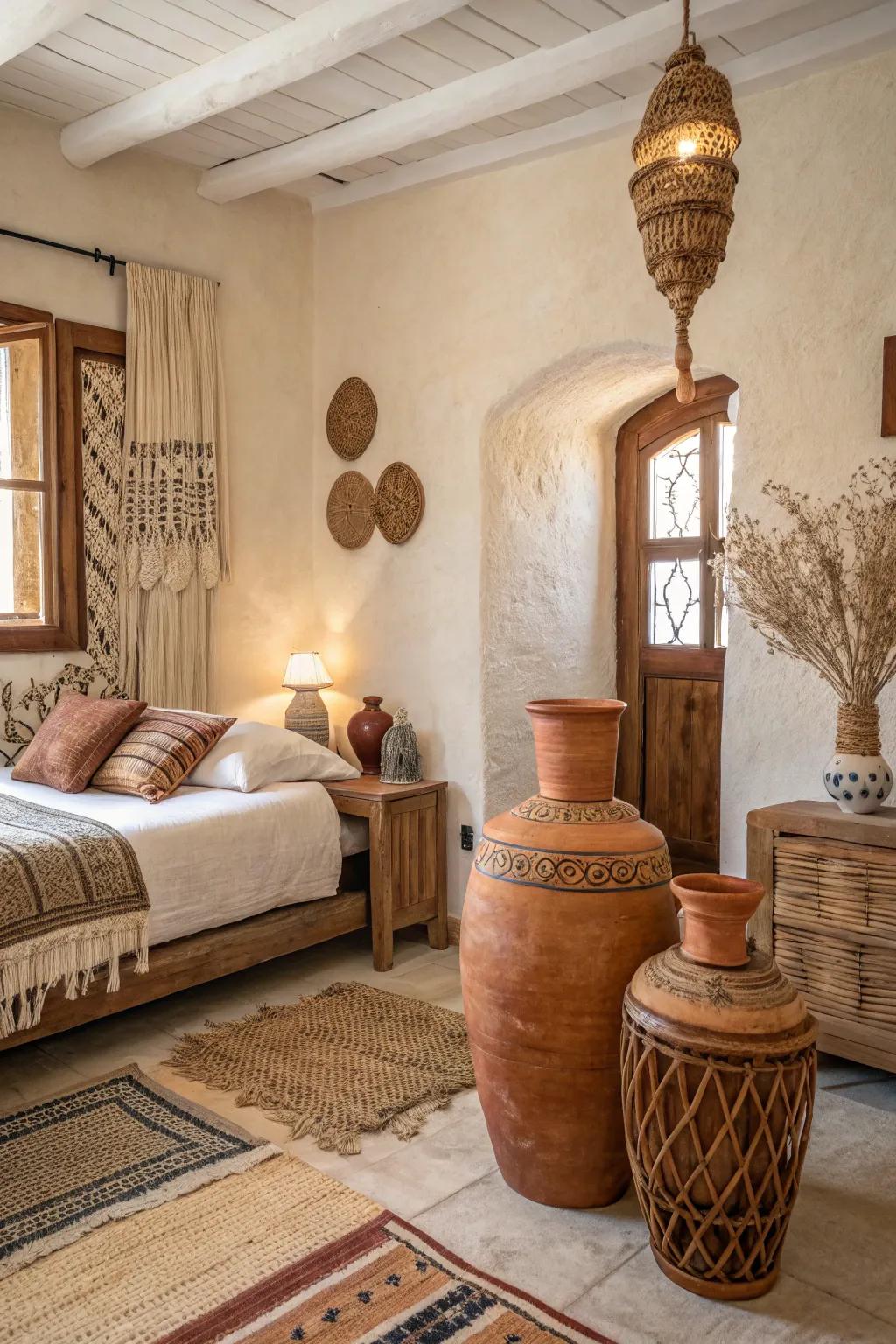 A bedroom elevated by earthy adobe vases and decor in gentle, inviting tones.